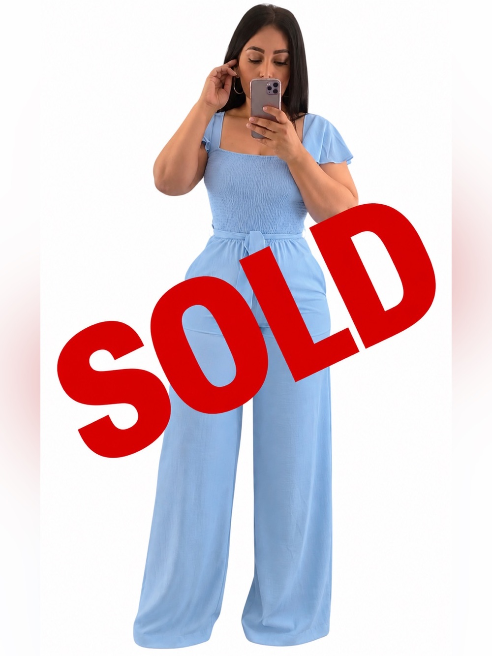 Macy's Light Blue Smocked-Waist Flutter Strap Jumpsuit